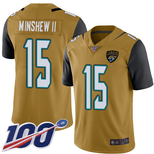 Men Nike Jacksonville Jaguars 15 Gardner Minshew II Gold Stitched NFL Limited Rush 100th Season Jersey